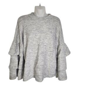 Plush Boutique Womens Sweater Small Gray Long Tiered Ruffle Sleeve Crew Neck